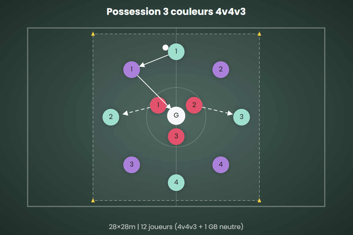 Schéma d'entraînement — Exercice de possession à 3 équipes